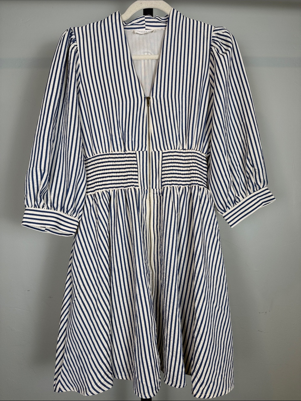 Entro Blue White Vertical Striped Zip Front Puff Sleeve Smocked Mini Dress Small